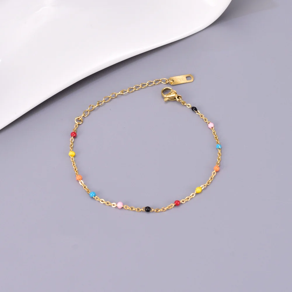 BR523 adjustable stainless steel gold plated rainbow bead women cuban link chain bracelet statement jewelry for women