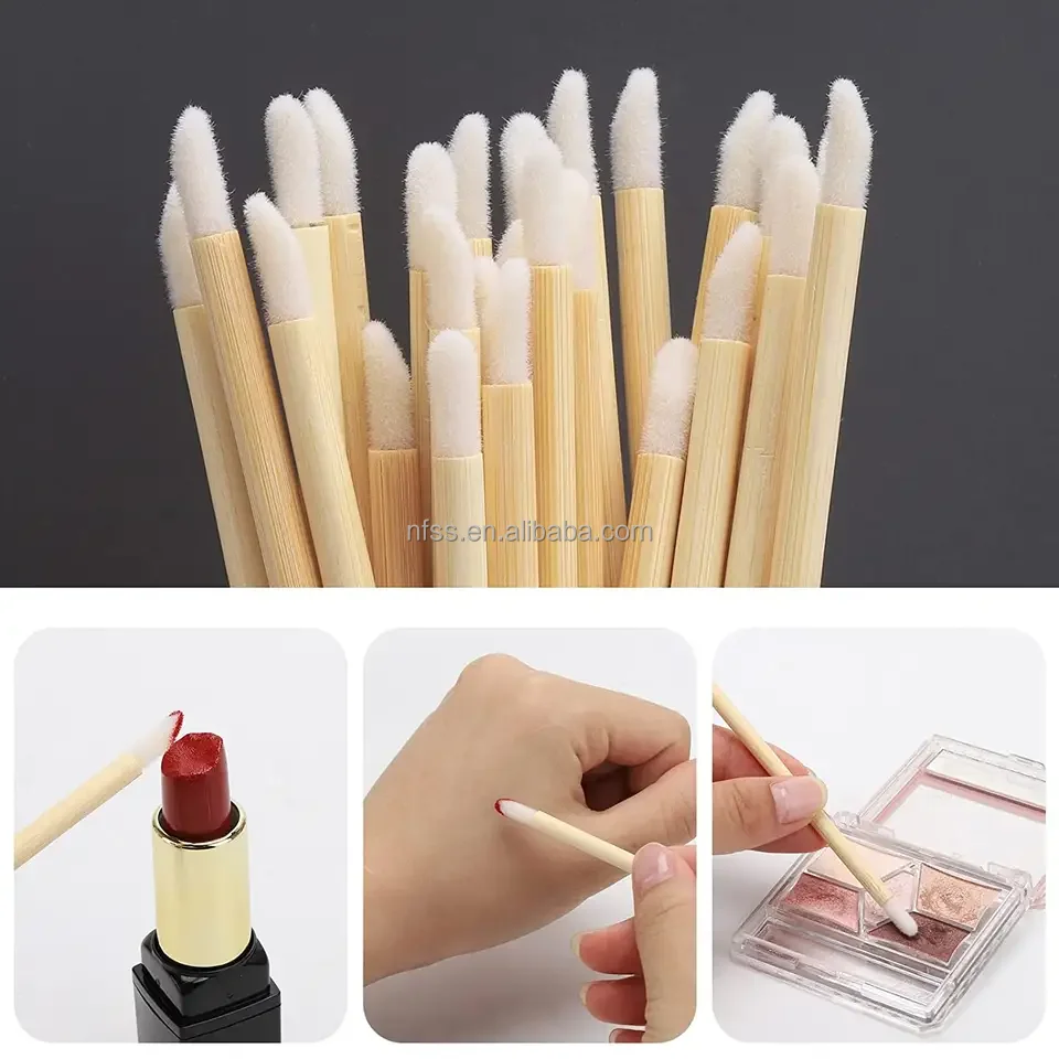 Eco Friendly Disposable Bamboo Stem Handle Flocked Head Lip Stick Gloss Make Up Brush Lip Brush