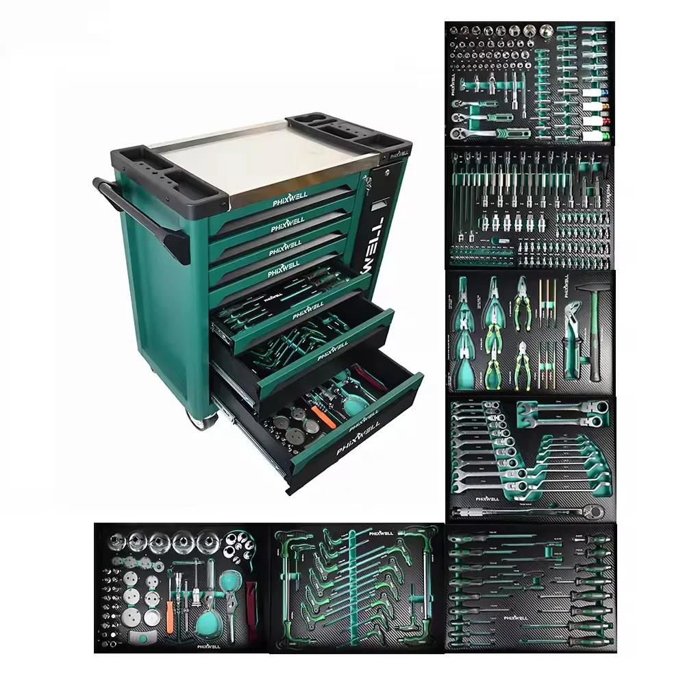 7 drawers with side door 7 trays green color workshop garage tool trolley cart chest cabinet kits box with many kinds of tools