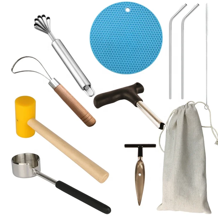China Dongguan Supplier Stainless steel fresh coconut opener tool  with PE hammer  11 PCS bundle