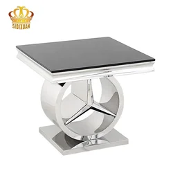 Unique Living Room Furniture Side Table Black Glass Top Metal Small End Table
