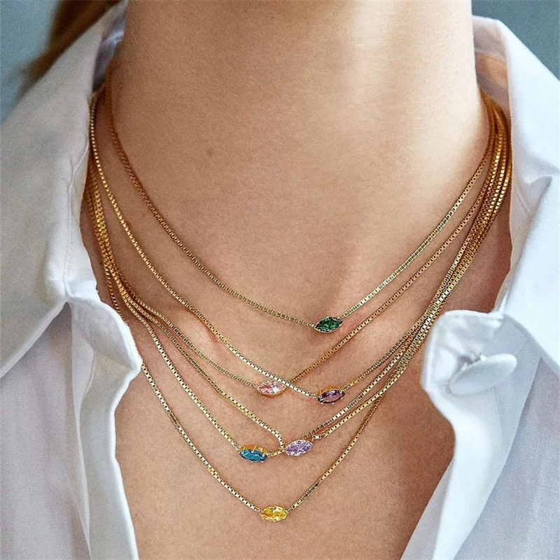 Bestone Horse Eye Pendant Necklace Female Gold Plated Chain Necklace Birthstone ZC Charm Zircon Pendant Box Chain Necklace