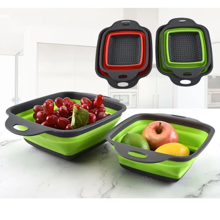 Factory Wholesale Multifunction Modern Silicone 2 Pieces Set Foldable Square Fruit Vegetable Drain Basket