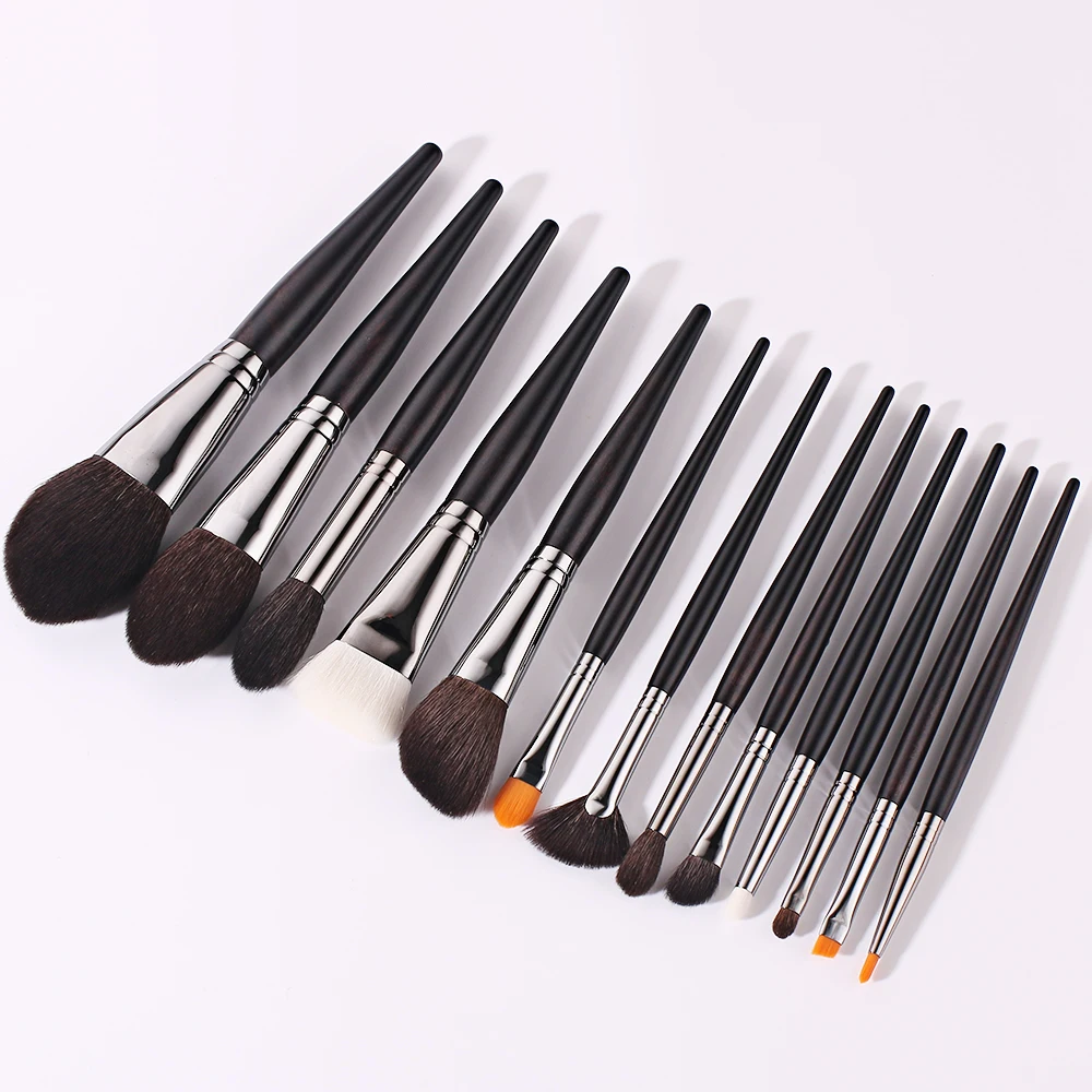 BEILI Private label makeup brush set 13pcs Black wood handle natural Goat Pony Synthetic hair makeup brush