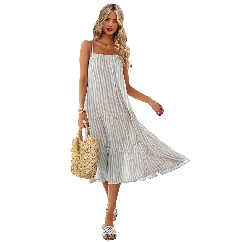 Sexy Open Back Stripe Plus Size Slip Dress Double Layer A-Line Loose Casual Dresses Women