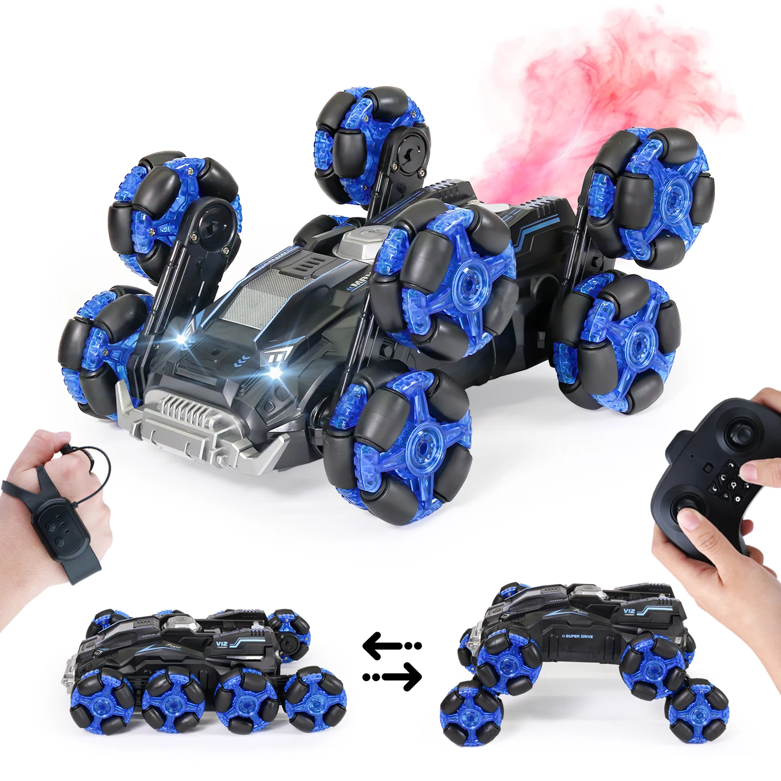 With music and light deformation eight wheel 30mins play kids rc stunt car remote control watch gesture sensor