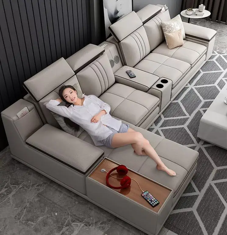 Modern living home furniture with bluetooth speaker L Shape Leather sofas with wireless charger USB Corner set sectional sofa