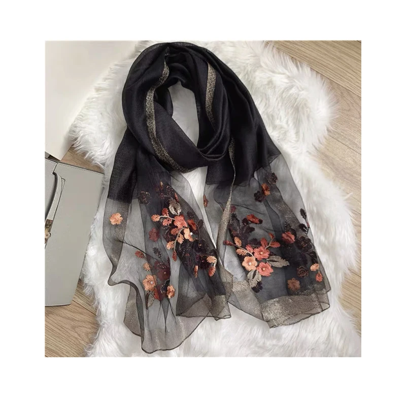 ZANDY OEM 180*70Cm Thin Silk Wool Embroidered Birchapple Flower Nail Beads Spring And Autumn Scarves