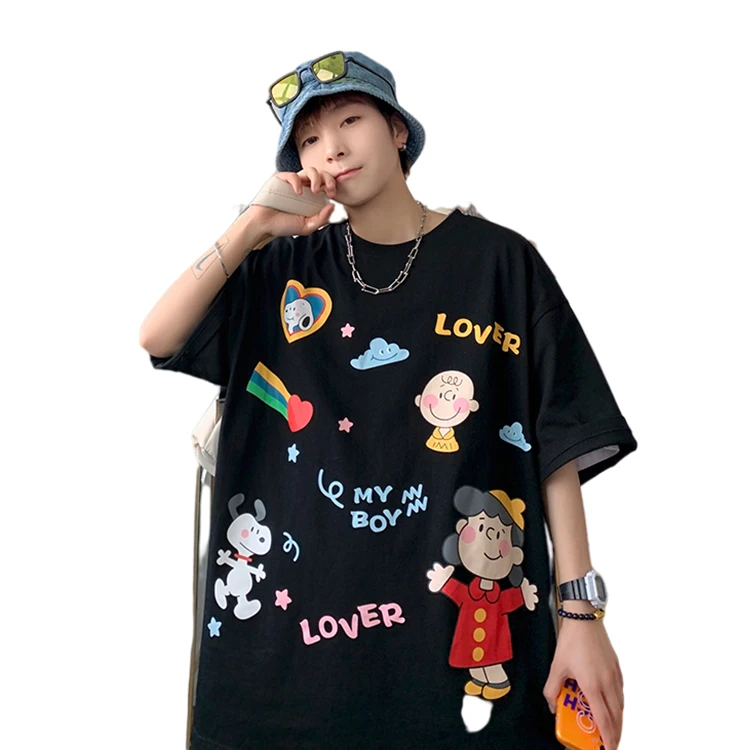 
VANWO 2021 summer new couples short sleeve T shirt male cartoon pattern trend Korean version loose cotton base shirt 