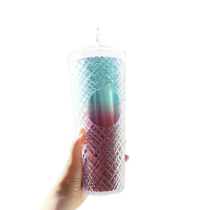 Custom 24oz Tazas Tasse Tumbler Glitter Becher Double Wall Drink Cup Bling Cold Cups Plastic Sippy Drink Cup With Lid And Straw