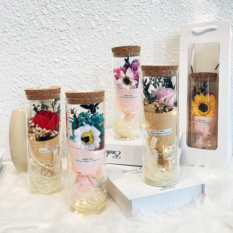 Preserved Flowers Real Eternal Roses Gypsophila Dried Flower Sunflower Rose Bouquet Decoration Preserved Flowers in Dome