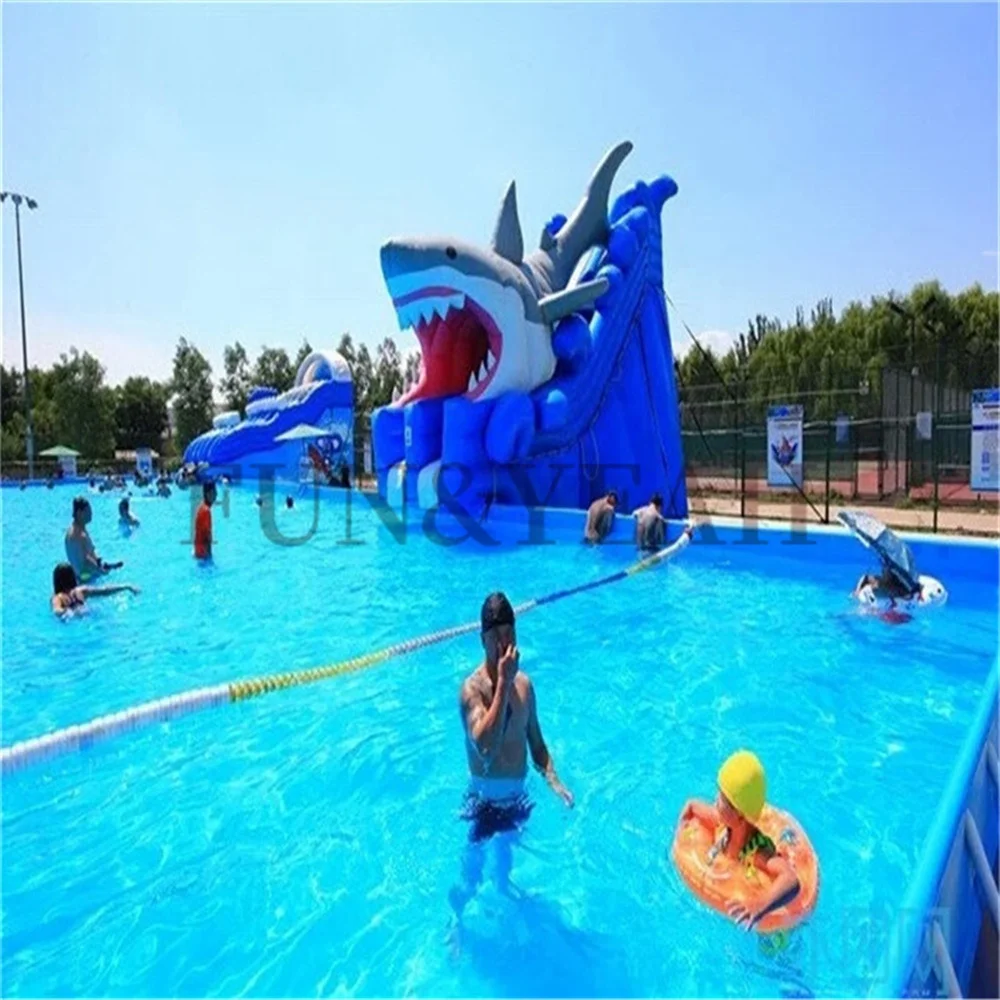 Big swimming pool and waters slide great white shark slide theme park water inflatable park