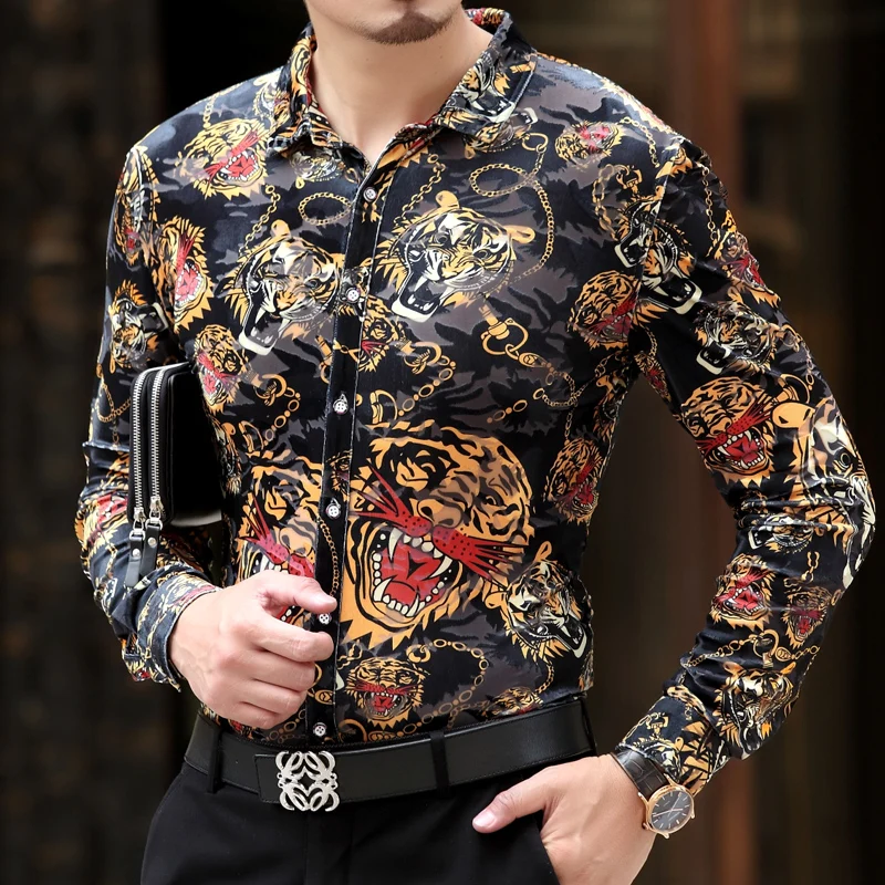 
New spring clothes for men pleuche printing long sleeve Size M-3XL Slim shirts 