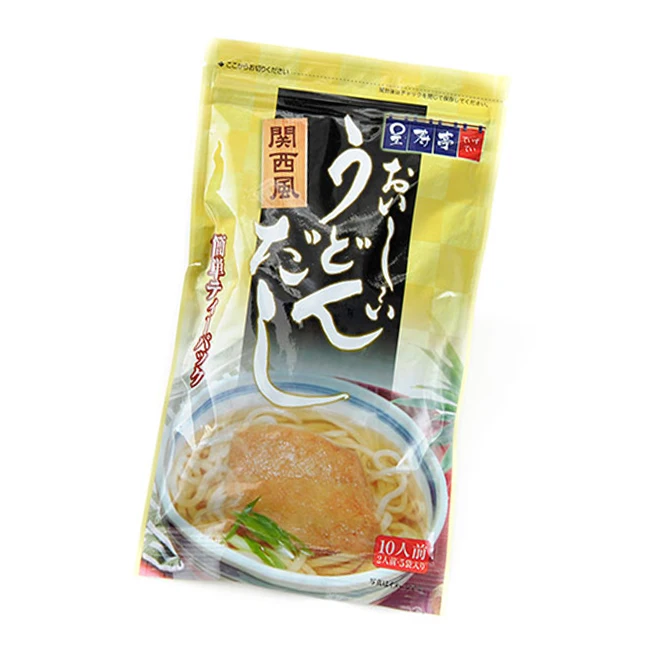 Japanese bonito and dried kelp dashi soup powder packed in bag to serve delicious udon noodles and tamagoyaki egg dishes