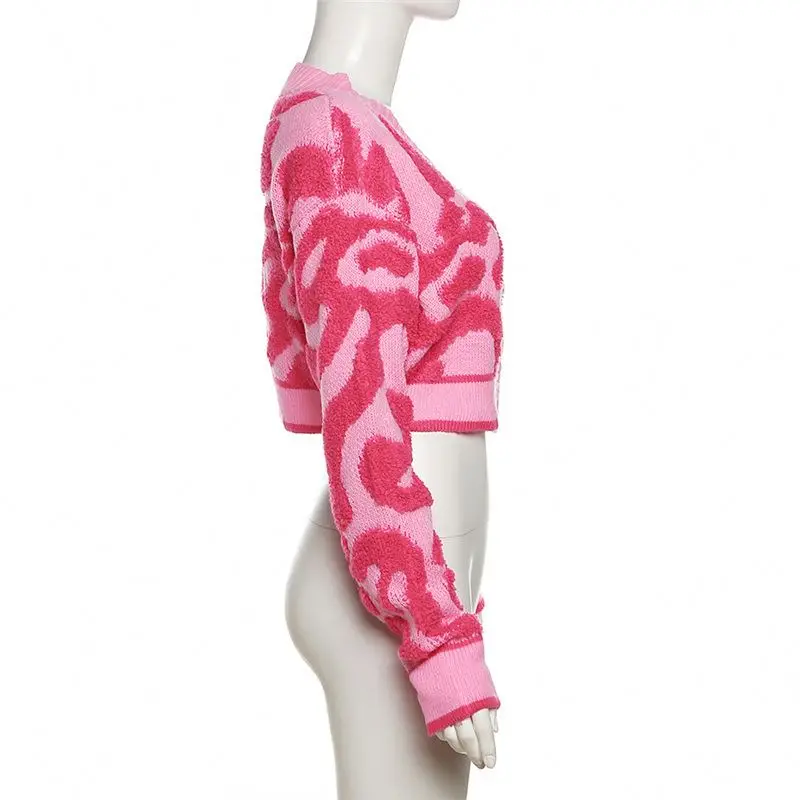 2023 Custom Women Sweater Long Sleeve Knit Women Clothes Pink Patchwork Colors Knitted Cropped Cardigan Sweater Women