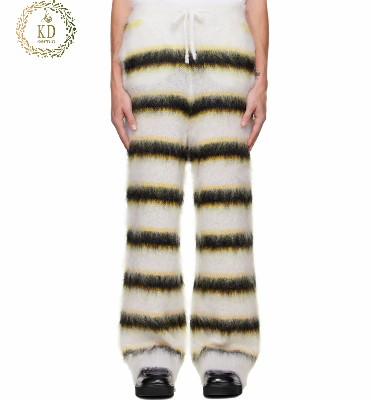 KD Knitwear Manufacturer Custom Designer Luxury Wool Unisex Furry Stripe Knit Drawstring Mohair Flare Pants
