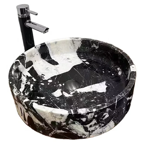 black marble stone pedestal shampoo sinks cylindrical washbasin free standing art wash basin
