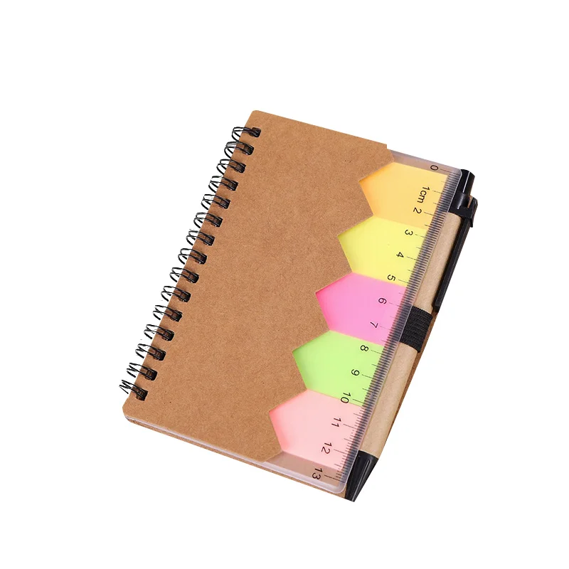 Multi function hot selling promotion custom sticky memo pad composition spiral notebook with pen and rule