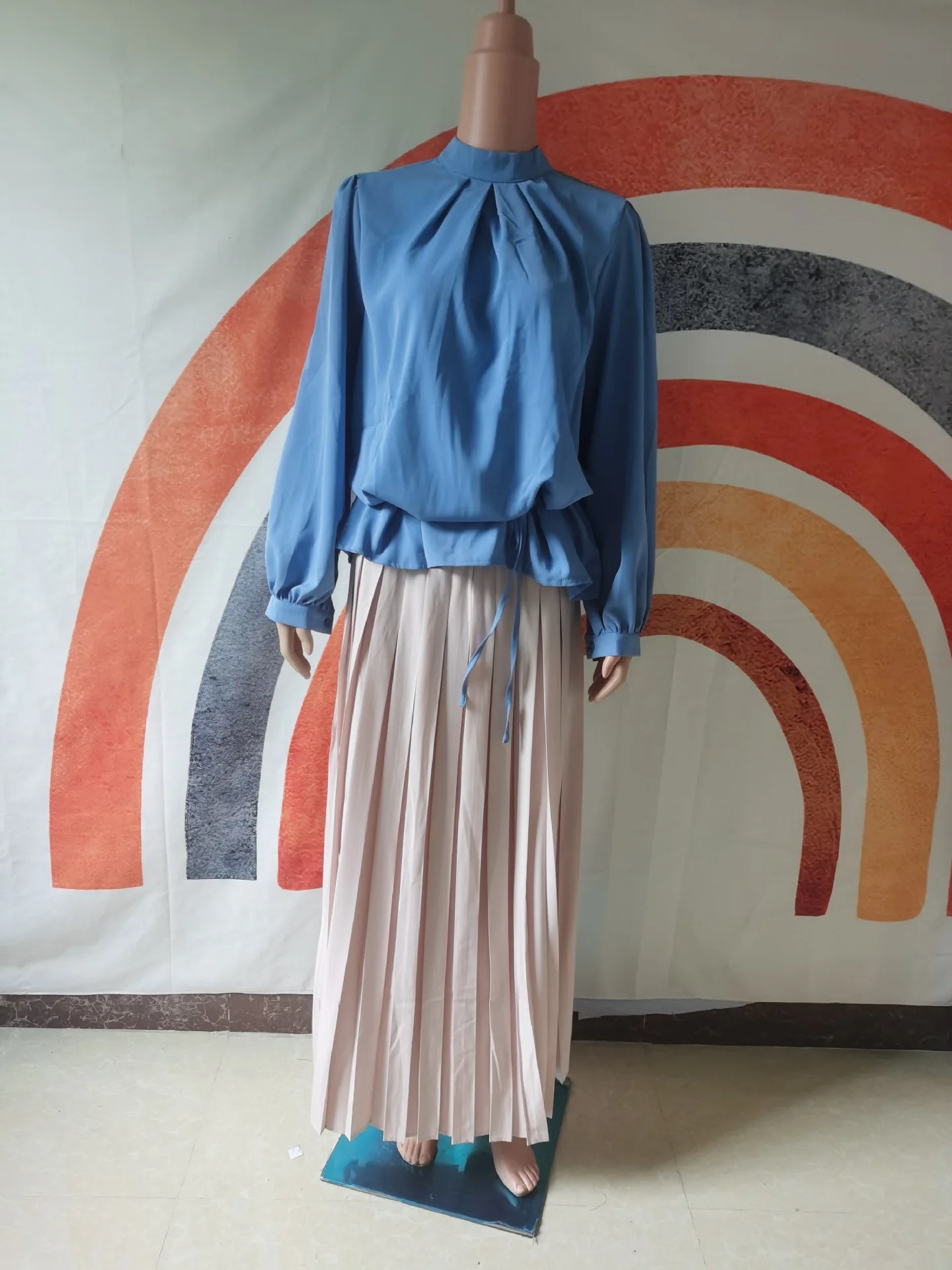 New Arrival 2 piece Fashion Long Lantern Sleeve Shirt Middle East Dubai abaya Muslim Blouse Vintage Pleated Skirt Suit