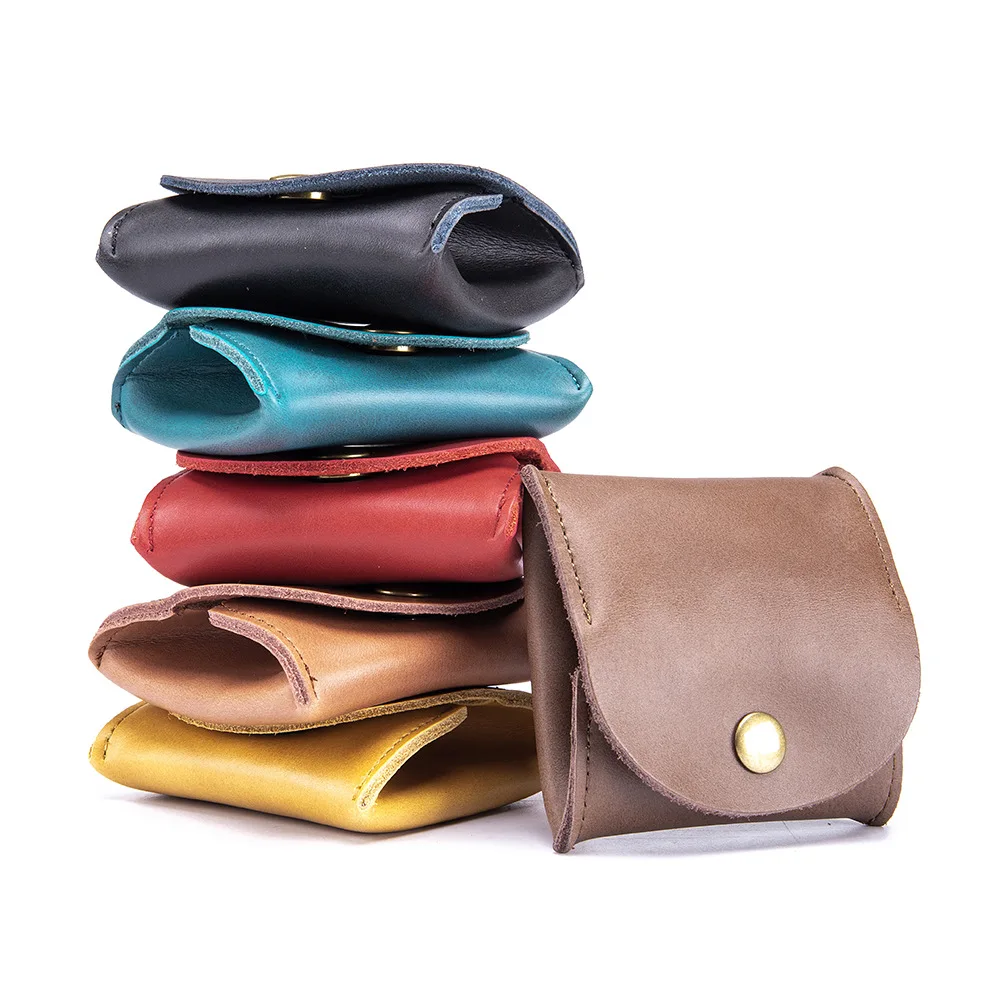 Wholesale Genuine Cowhide Leather Coin Pouch Square Snap Compact Headphone Earpods Case Bag Cable Mini Ladies Wallets And Purses