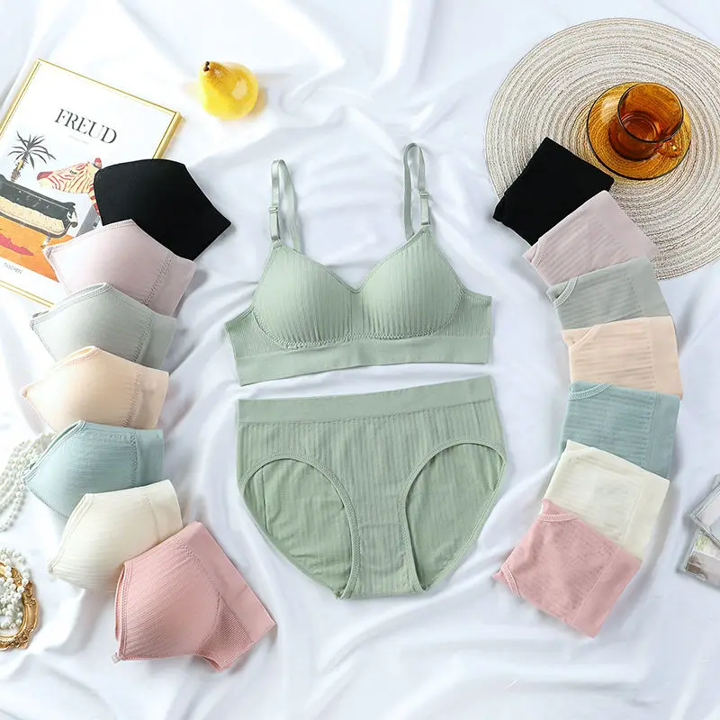 China factory seamless cotton bra gather fixed cup no steel ring student girl underwear cotton bra set female