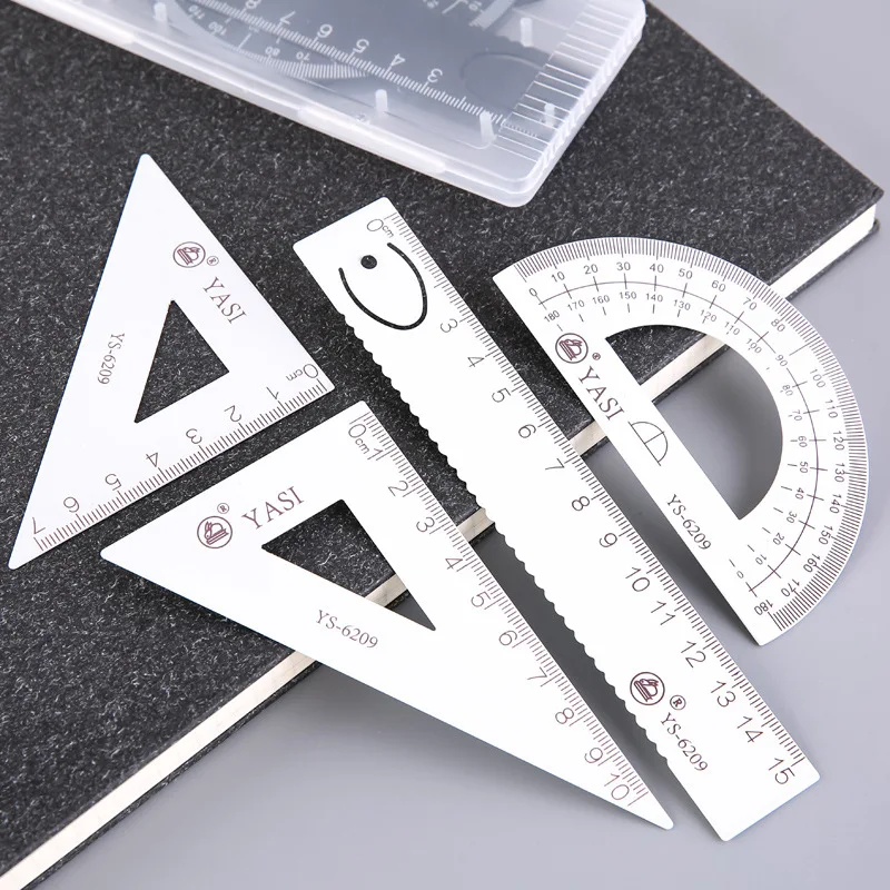 YS6209 metal ruler A# white B# black metal student metal ruler straight ruler triangle protractor four sets
