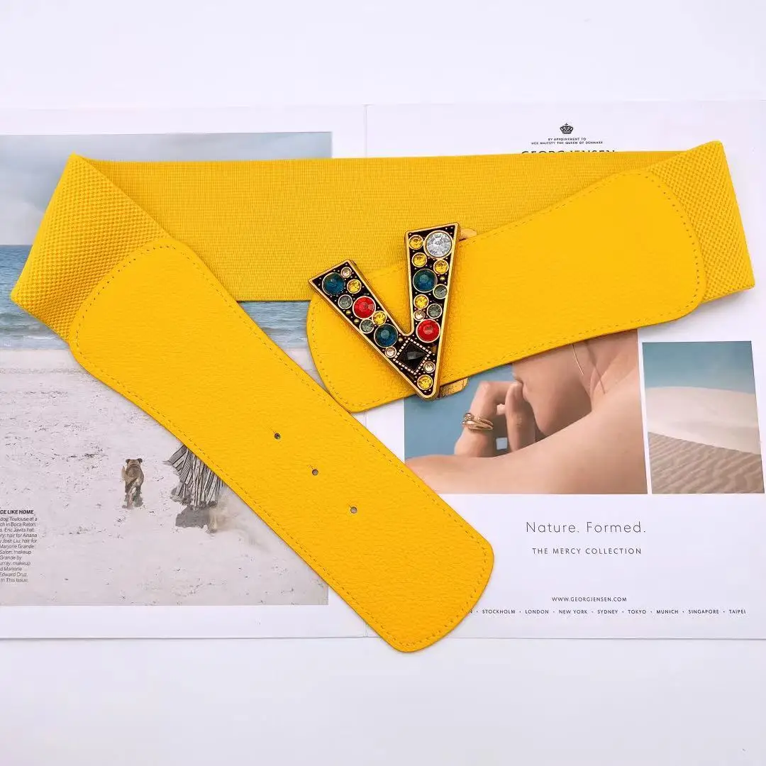 New Designs Luxury V Logo Color Gemstones Buckle Pu Leather Elastic Waist Belt Wide 7 cm Colorful Belt