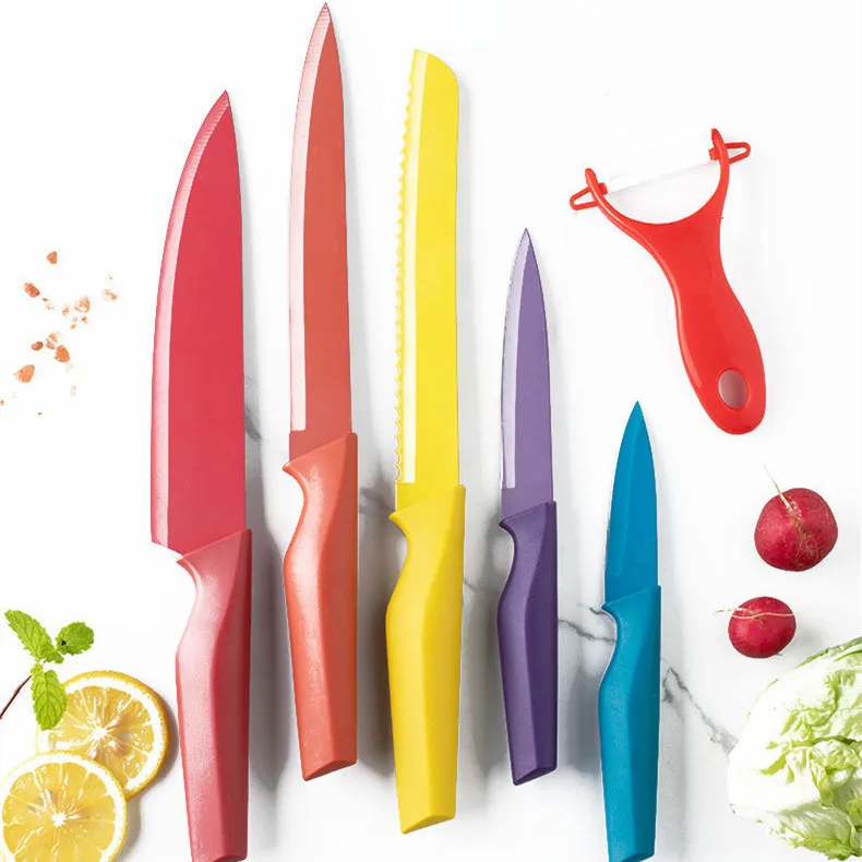 6 PCS Colorful Kitchen Knife Non-stick Coating Home  Stainless Steel Kitchen Knife Set