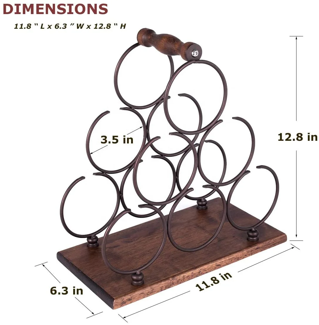 Wood Wine Rack Countertop 6 Bottles Wine Holder with Sturdy Wood Handle, Free Standing Wine Storage for Home Kitchen Pantry