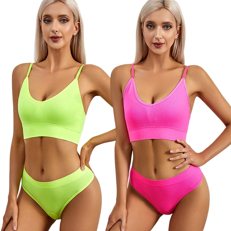 Customize Logo Women Bra Thong Set Sporty Underwear Set Free Size Seamless Bra with Removable Pads Sexy Plain Dyed Knitted