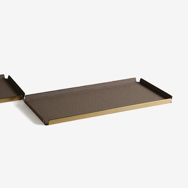 T-355Factory Luxury Handmade serving decorative tray Black Brushed Brass custom tray Modern Hotel Restaurant Coffee leather tray