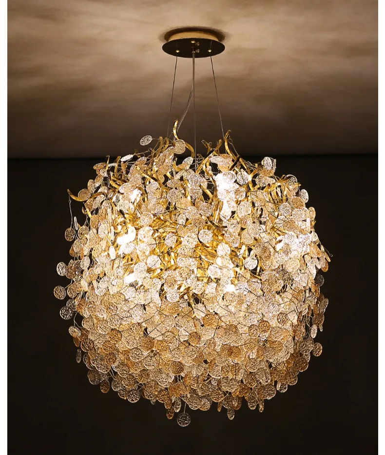 Modern Light Luxury Rain Drop Golden Aluminum Branch Creative Glass Led Chandelier