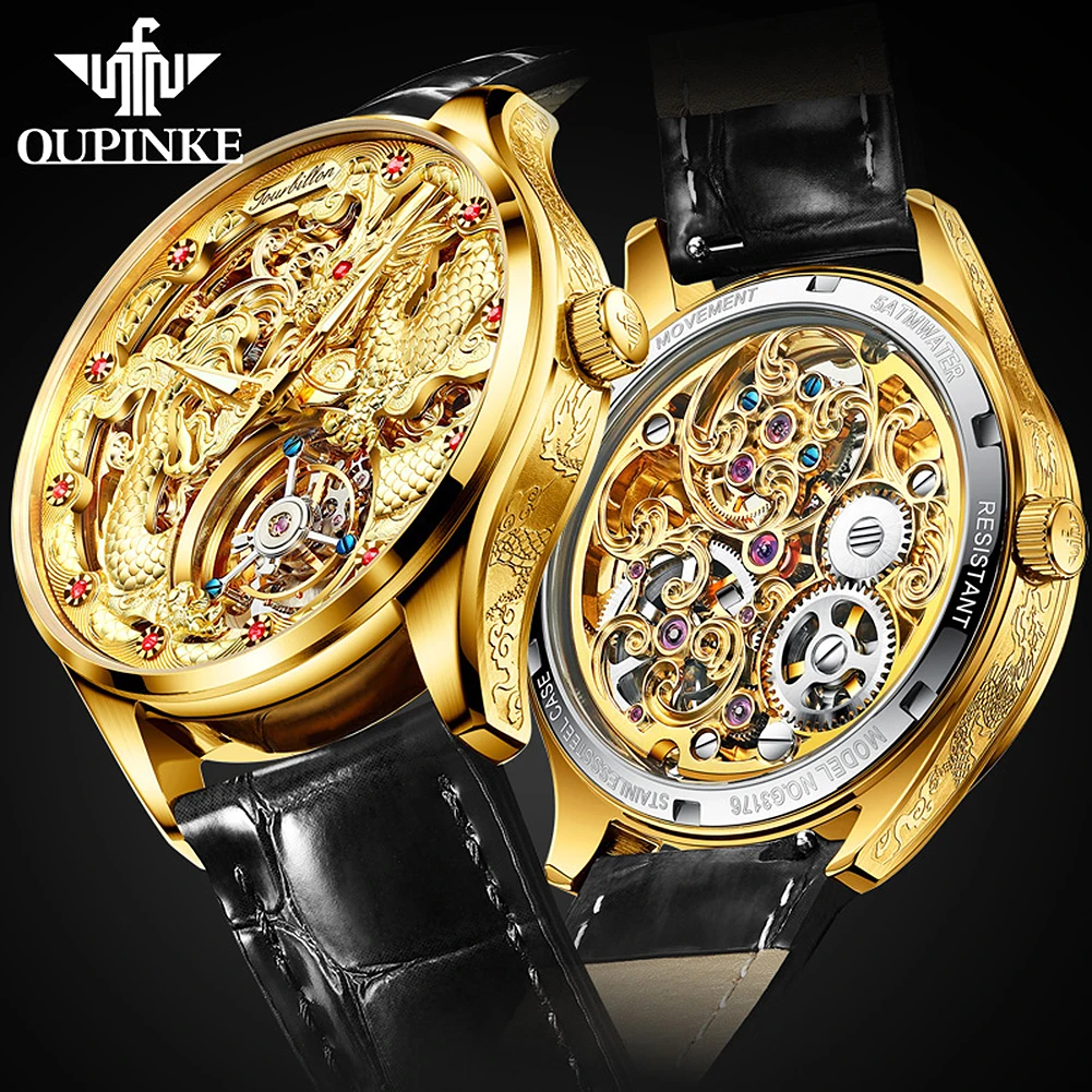 
OUPINKE Luxury Brand Skeleton Mechanical Men Watches Steel wrist Sapphire Automatic Watch High-end status symbol for men 