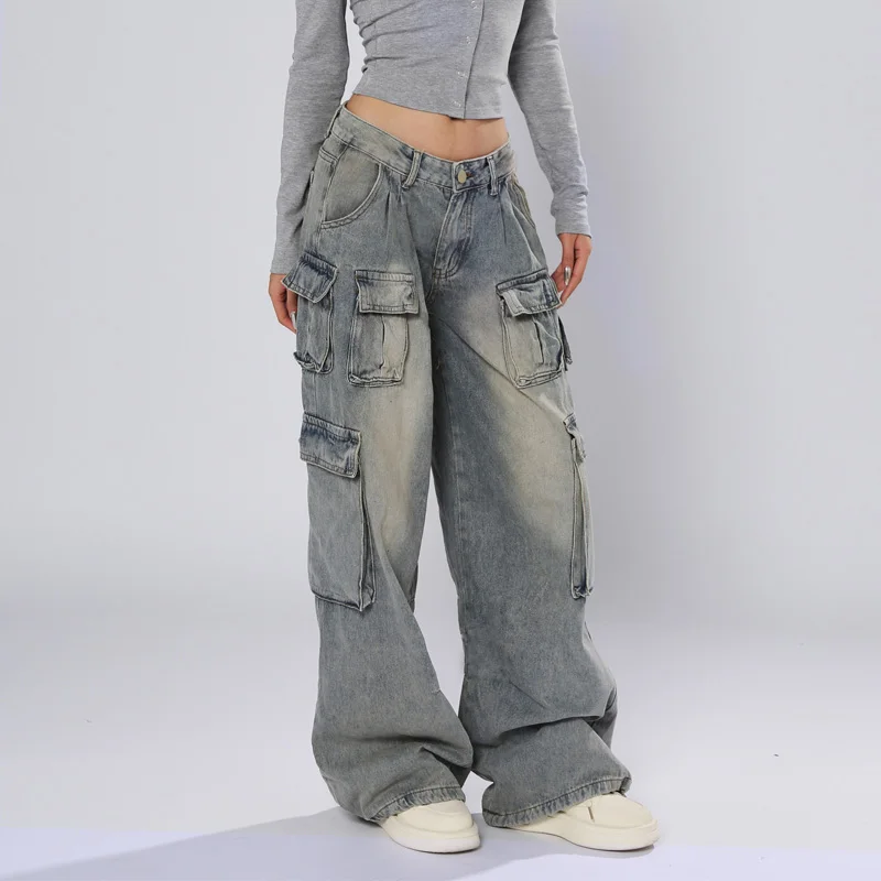 Bufa 2024 Trends Cargo Jeans Vintage Wash Functional Pockets Baggy Fit Low rise Jeans Women