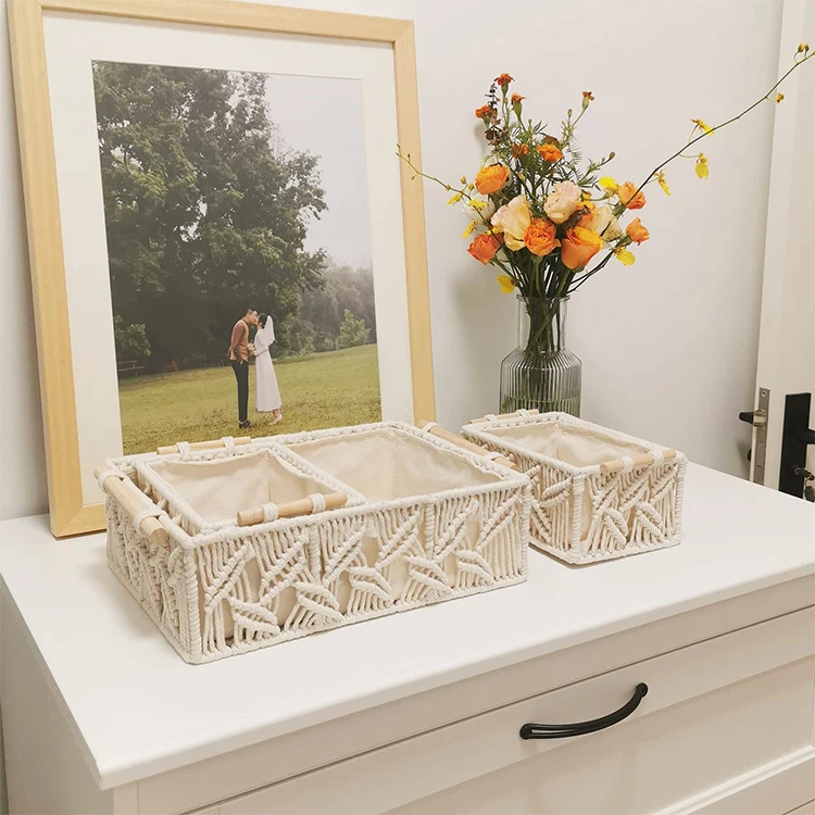 Macrame Storage Baskets Handmade Cotton Woven Decorative Boho Desk Storage Bins Boxes other storage boxes & bins