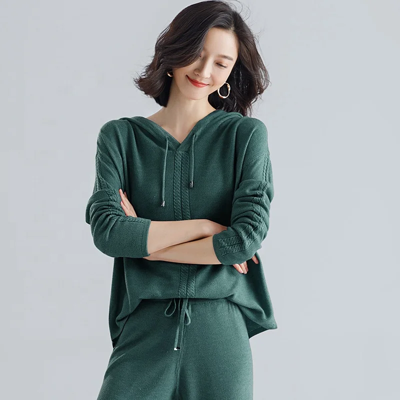 
B61565A 2019 large size loose pure color casual suit wool blend warm knitting suit women wholesale 