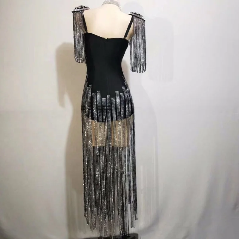 New Crystals Epaulet Sexy Women Sparkly Tassel Outfit Celebrate Costume Stage Party Singer Dance Wear Fringes Leotard