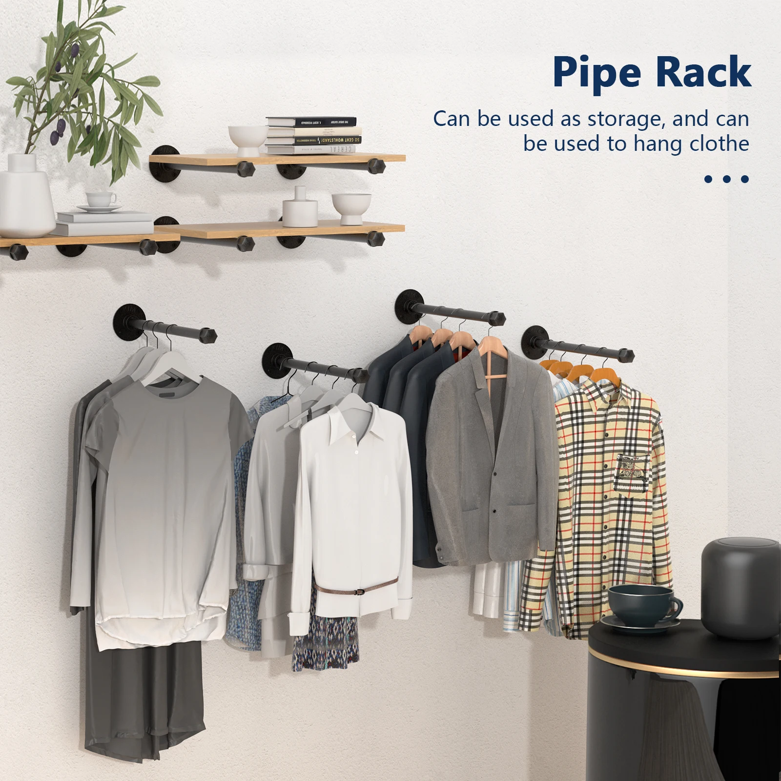 Industrial Rustic Metal Clothes Hangers DIY Black Iron Pipe Shelf Wall Mount brackets with Hooks Garment Rack Wardrobe Storage