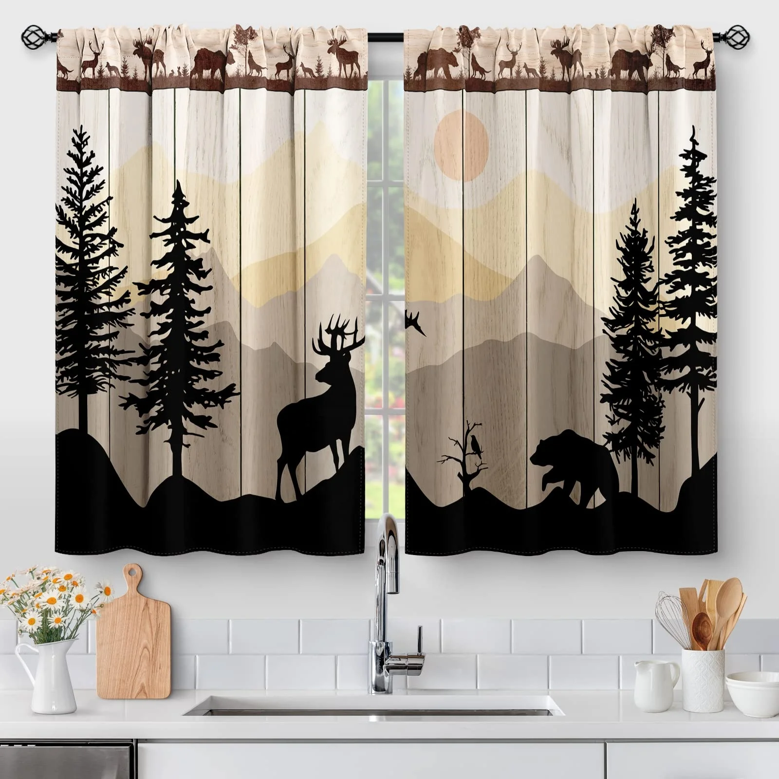 Forest Sunset Country Rustic Farmhouse Short Cafe Wine Kitchen Window Printed Curtains Decor For Dining Room