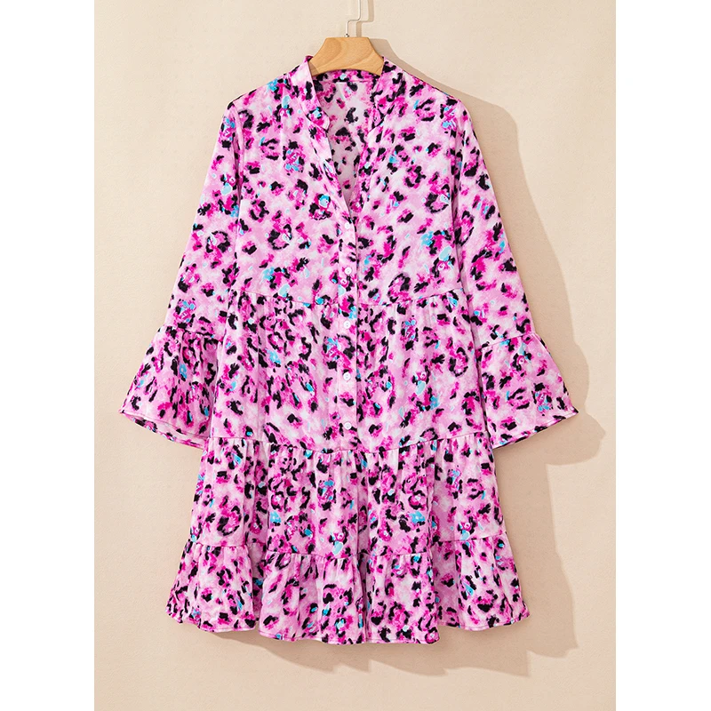 Dear-Lover Wholesale High Waist V Neck Buttoned Front 3/4 Sleeve Tiered Ruffled Hem Leopard Fashion Shirt Mini Dresses Women