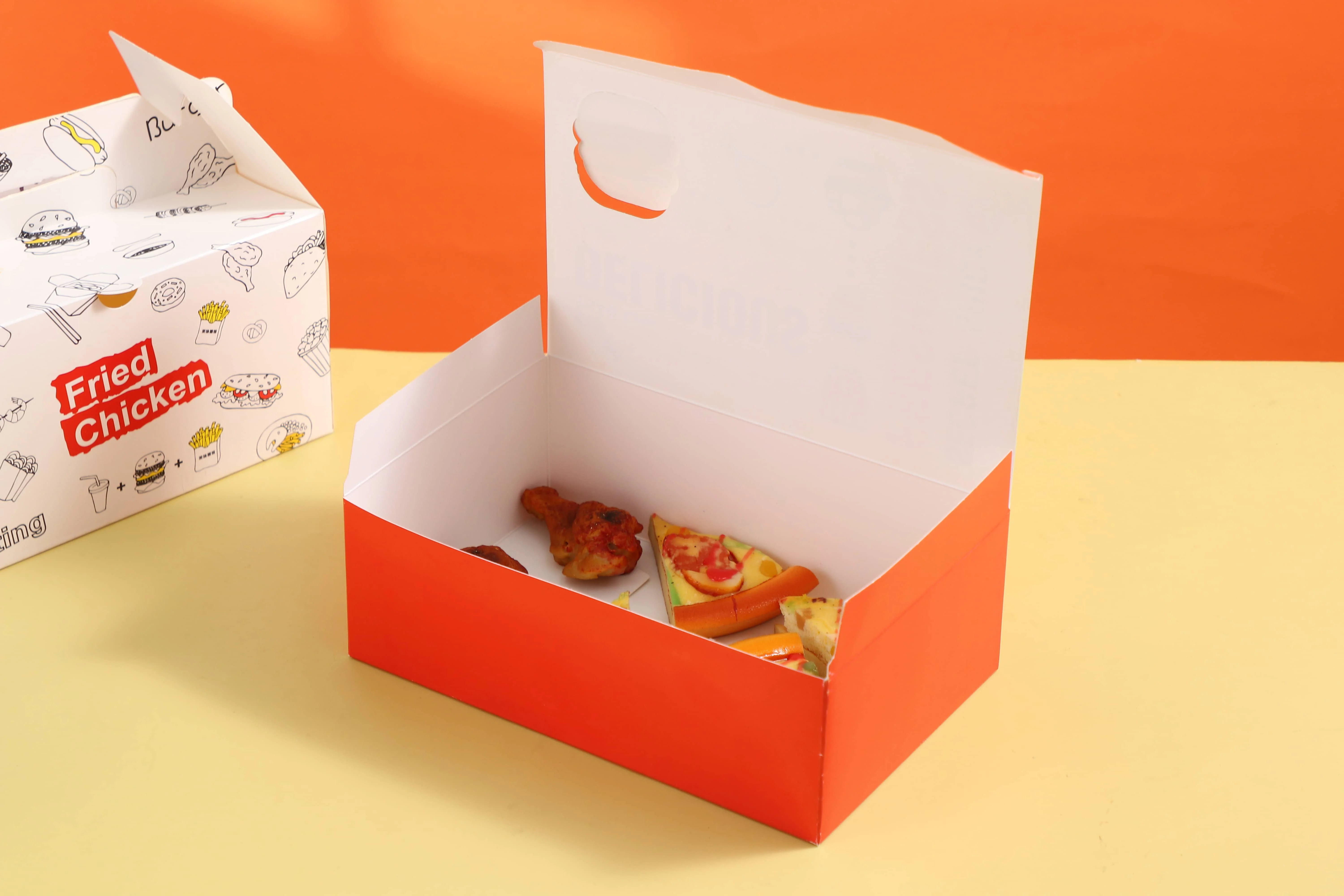 Reusable White Cardboard or Kraft Food Packing Carton Box with Handle AL baik Fried Chicken Disposable Rectangle Carry out box