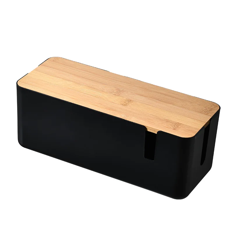 Factory Direct Bamboo Plastic Material Desktop Power Socket USB Charge Cable Wire Storage Box with Liner