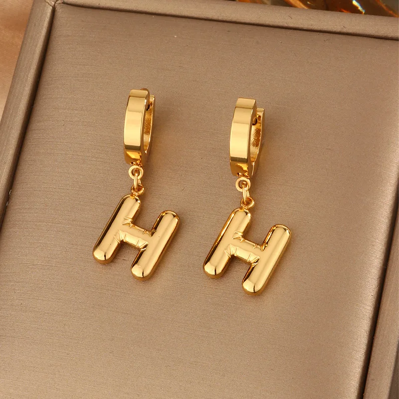 High Quality Stainless Steel 18K Gold Huggie Hoop Dangle Earrings 26 English Initial Alphabet Bubble Letter Drop Earrings Women