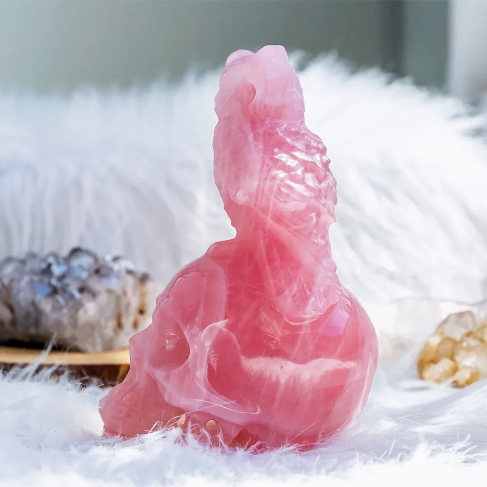 Wholesale Natural Polished Hand Carved Rose Quartz With Owl Crystal Skulls Folk Crafts Healing Stone For Home Decoration