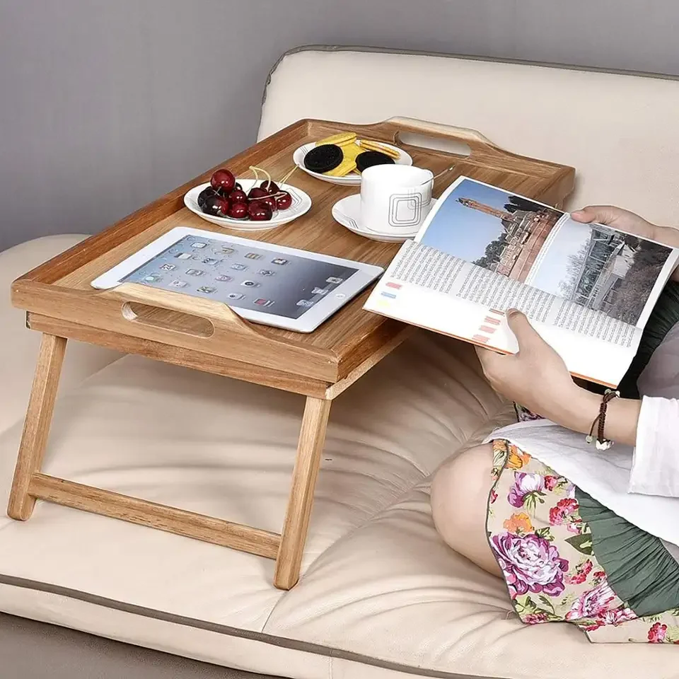 Bamboo Bed Trays for Eating Breakfast with Handles Folding Legs for Adult Kids Eating Snack and Laptops TV