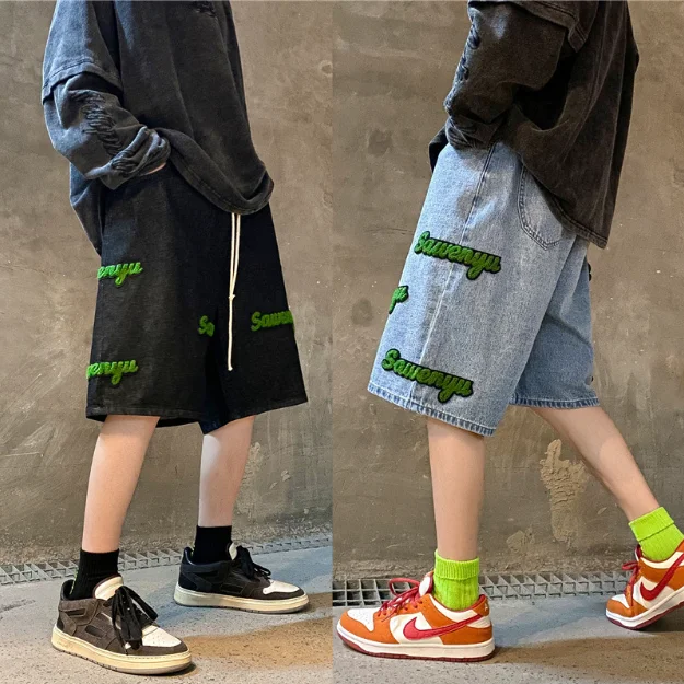 High Quality Fashion Summer Skinny Embroidery Half Pants Skinny Jeans Men Denim Short