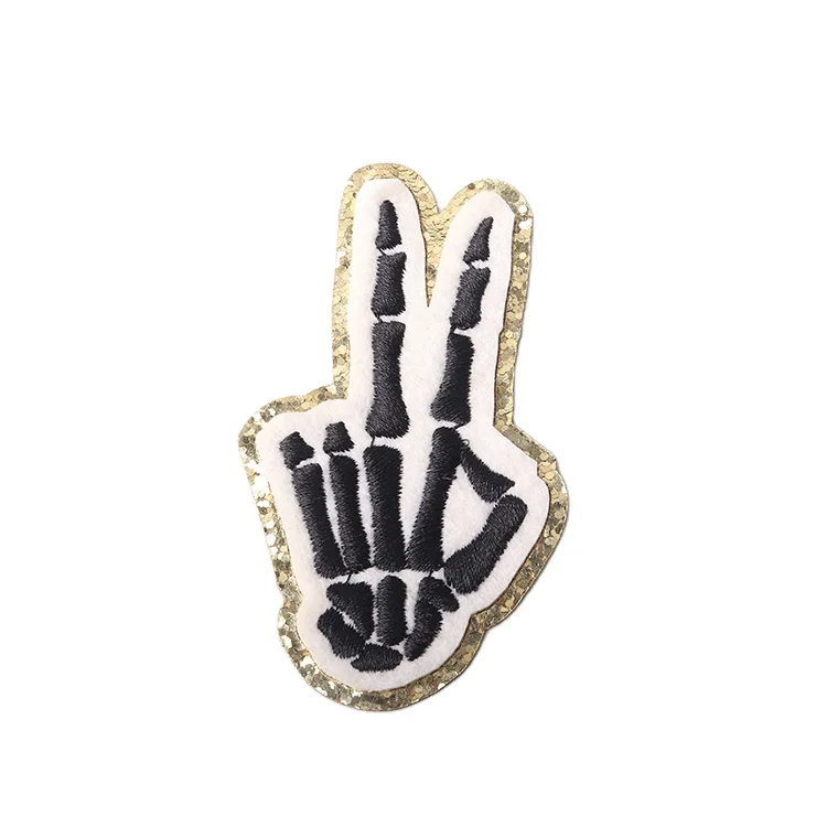 Custom logo small embroidery patches iron on hand claw shape coffee skeleton pencil Halloween chenille patches for hat clothing
