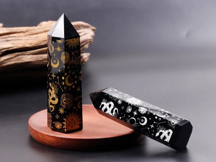 Natural Obsidian Crystal Wand Plated With Gold Star Moon Pattern Point Wand Healing Stone Energy Quartz Home Decoration Reiki