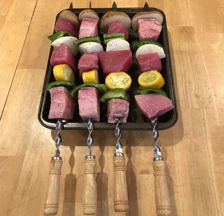 21.5/23.5 Inch Grill Skewers BBQ Barbecue Sticks Skewer Heavy Duty Large Wide Reusable with Nonslip Wooden Handle Kebab Skewers