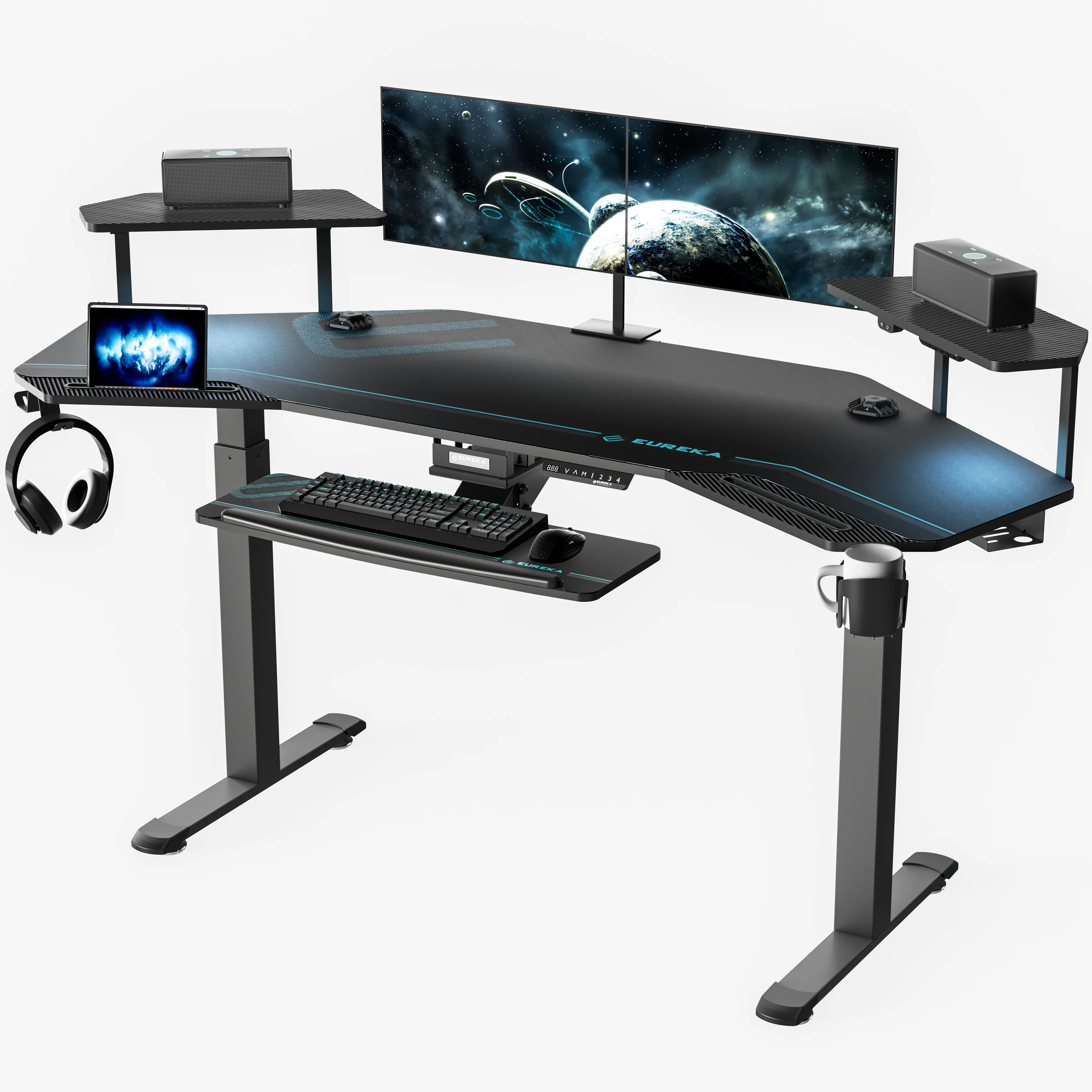 72' Electric Standing Desk Keyboard Tray, Large Wing Shaped Studio Music Gaming Streaming Desk,  with LED Convertible Shelves